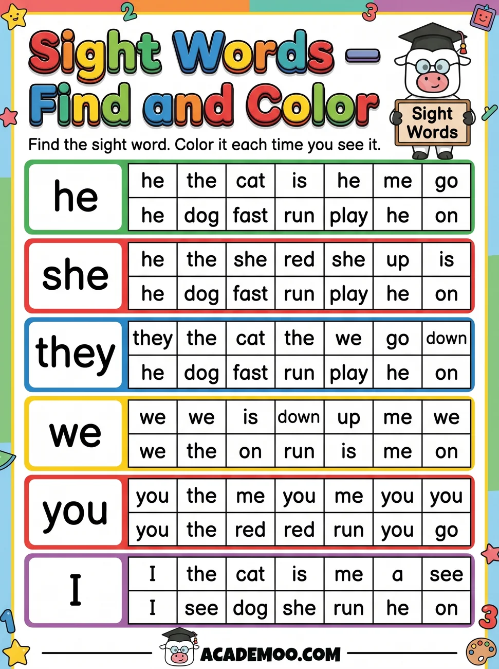 Sight Words Find and Color worksheet kindergarten language arts printable PDF · Printable sight words find and color worksheet for Kindergarten.