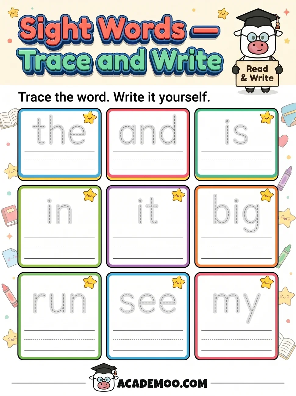 Sight Words Trace and Write worksheet kindergarten language arts printable PDF · Printable sight words trace and write worksheet for Kindergarten.