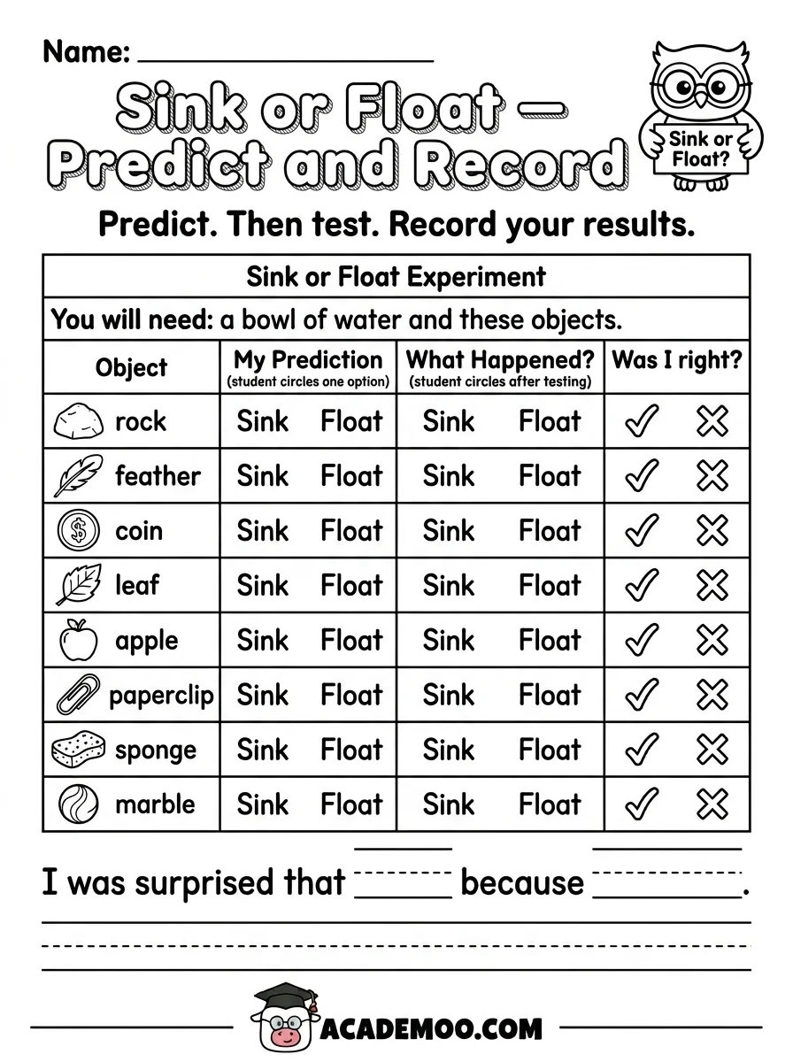 Sink or Float Predict and Record worksheet kindergarten science printable PDF · Printable sink or float predict and record worksheet for Kindergarten.