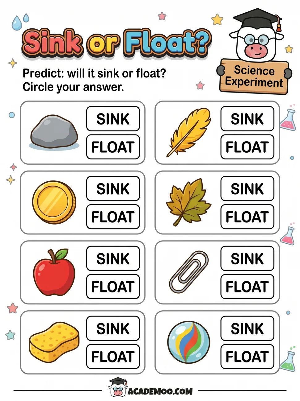 Sink or Float worksheet kindergarten science printable PDF · Printable sink or float worksheet for Kindergarten.