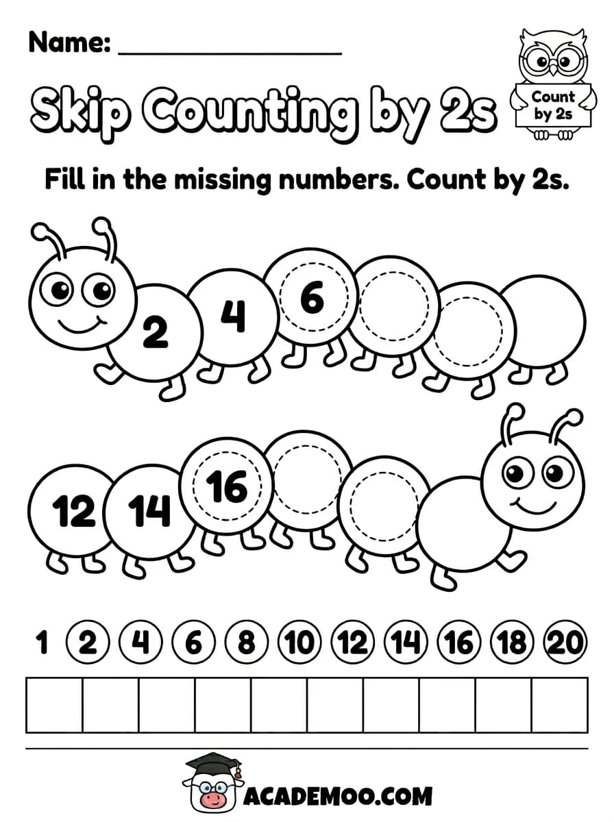 Skip Counting by 2s worksheet 1st grade math printable PDF · Printable skip counting by 2s worksheet for 1st Grade.