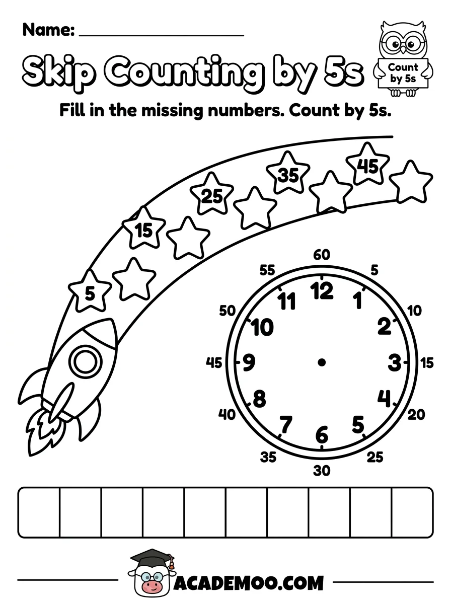 Skip Counting by 5s worksheet 1st grade math printable PDF · Printable skip counting by 5s worksheet for 1st Grade.
