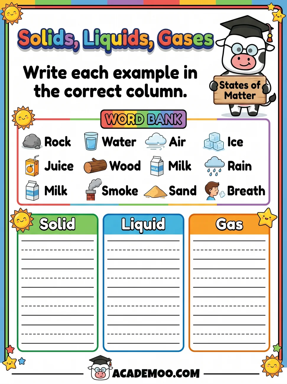 Solids Liquids and Gases Sort worksheet kindergarten science printable PDF · Printable solids liquids and gases sort worksheet for Kindergarten.