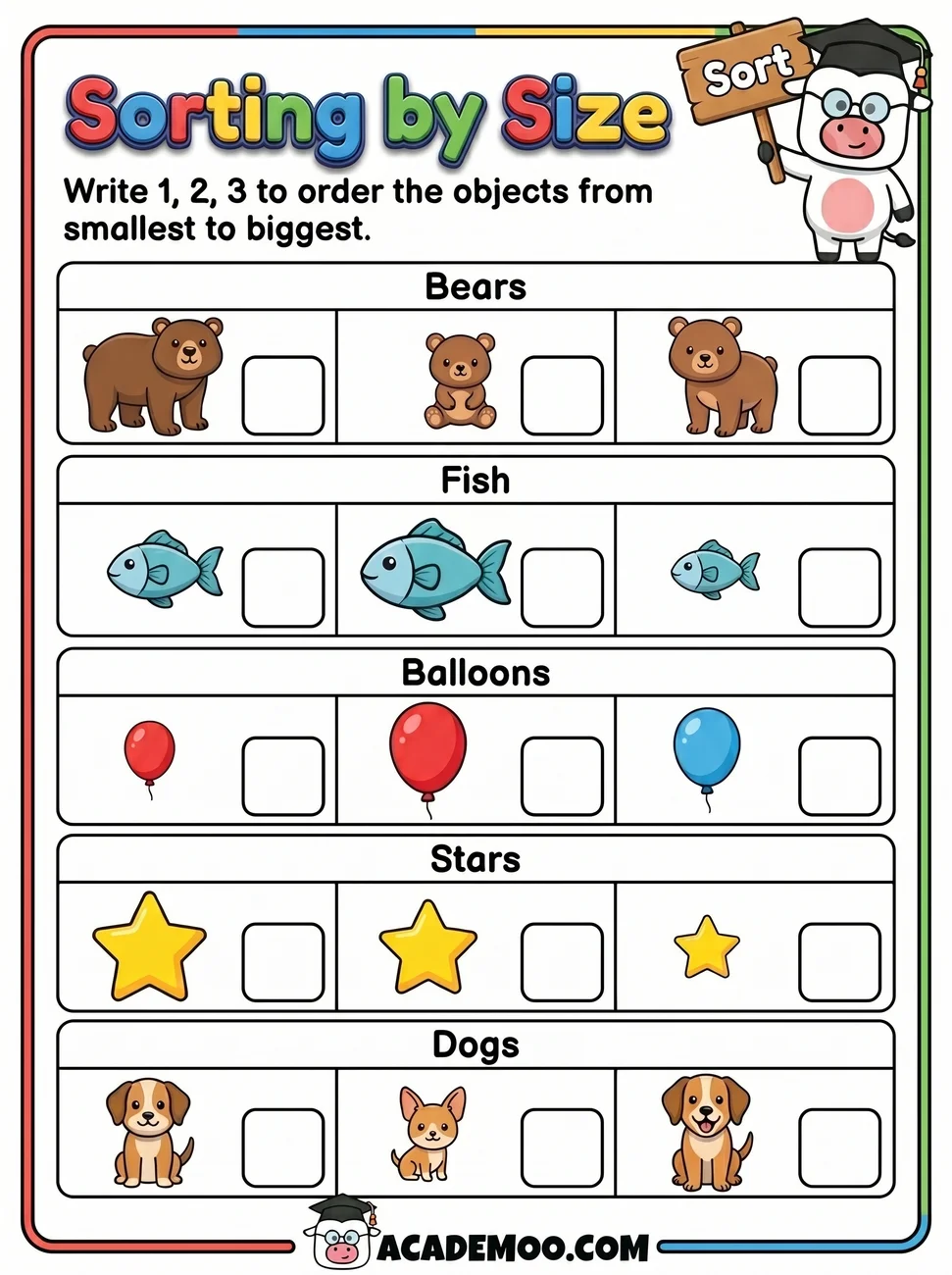 Sorting by Size worksheet pre-k math printable PDF · Printable sorting by size worksheet for Pre-K.