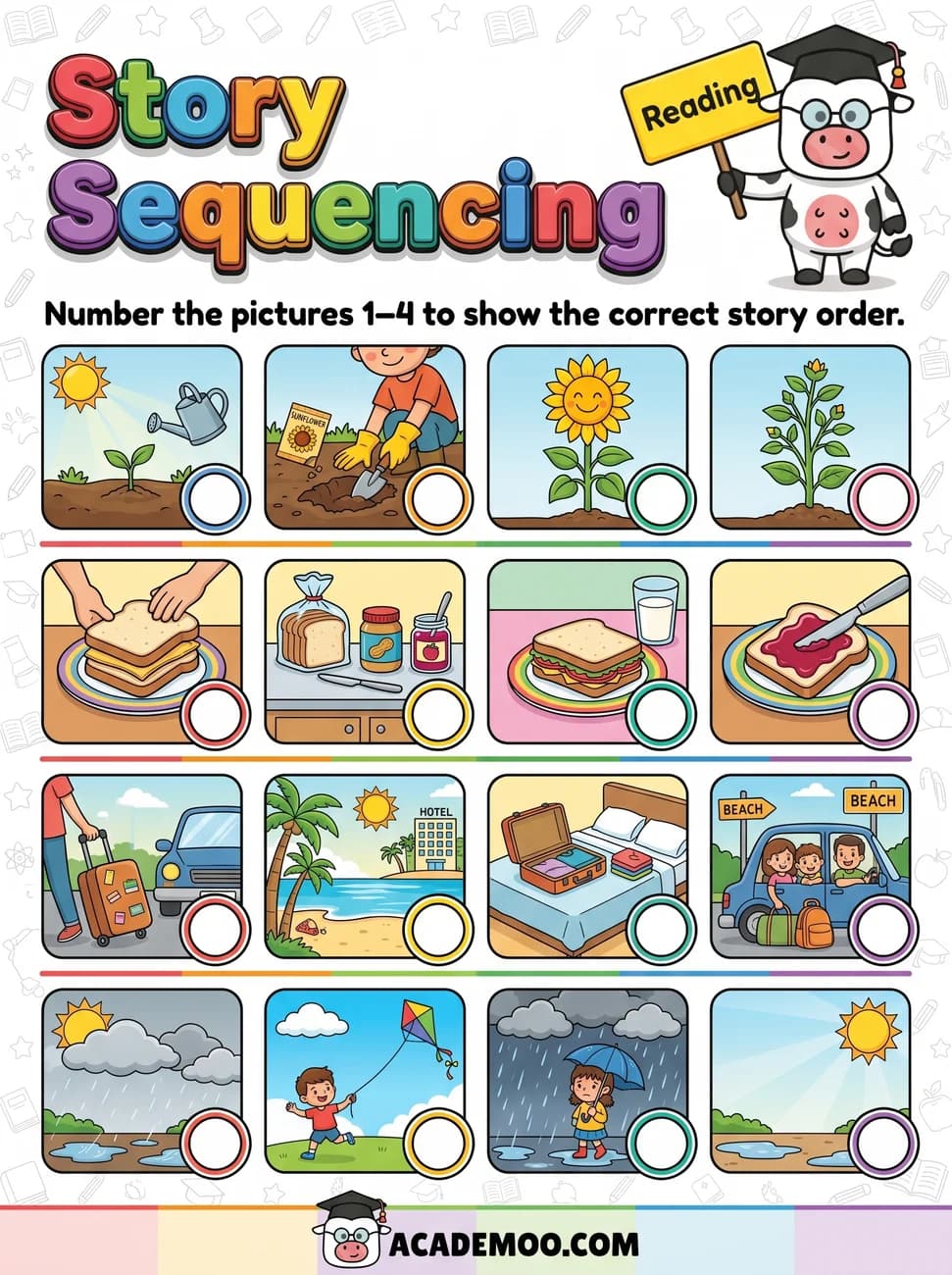 Story Sequencing worksheet kindergarten language arts printable PDF · Printable story sequencing worksheet for Kindergarten.