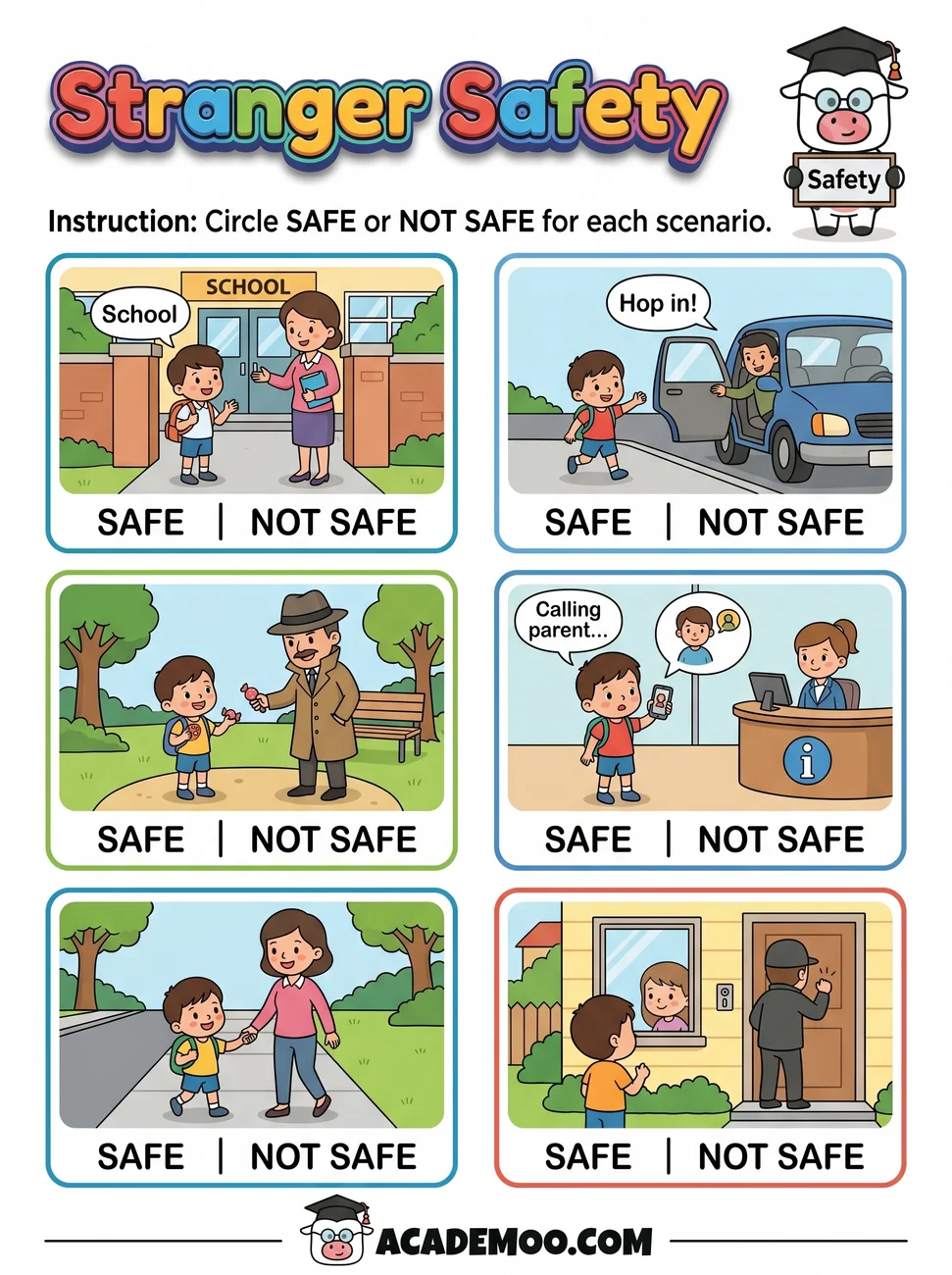 Stranger Safety worksheet 1st grade language arts printable PDF · Printable stranger safety worksheet for 1st Grade.