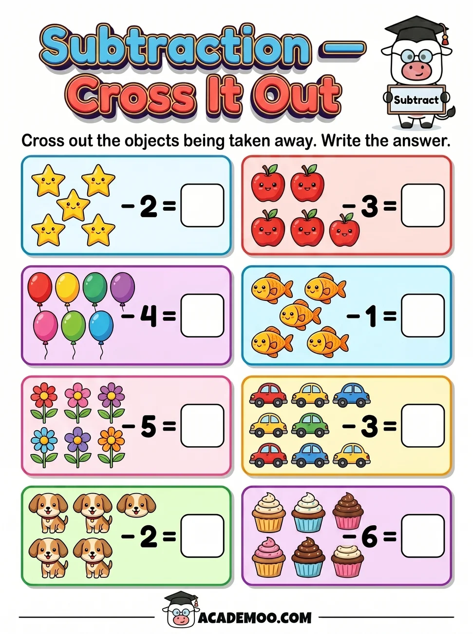 Subtraction Cross It Out worksheet kindergarten math printable PDF · Free printable subtraction cross it out worksheet for Kindergarten.