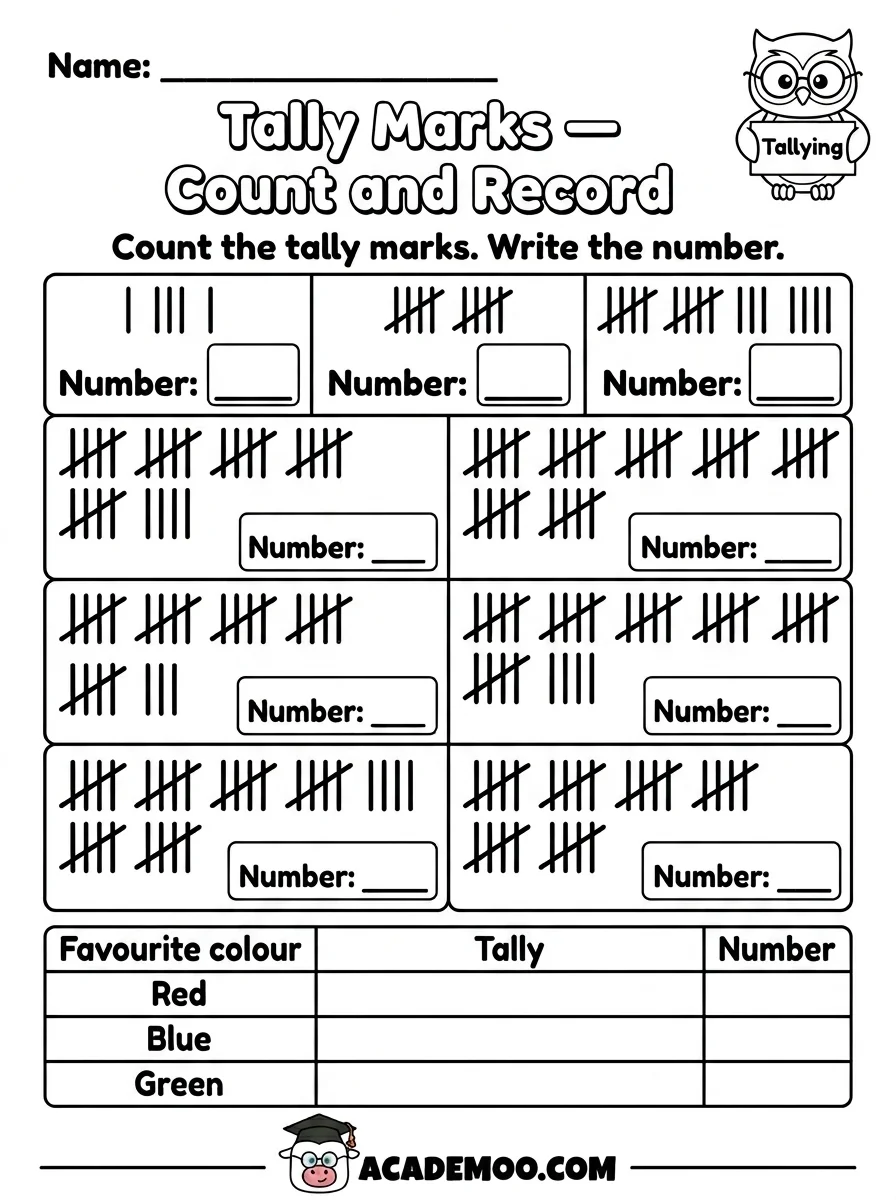 Tally Marks Count and Record worksheet 1st grade math printable PDF · Printable tally marks count and record worksheet for 1st Grade.