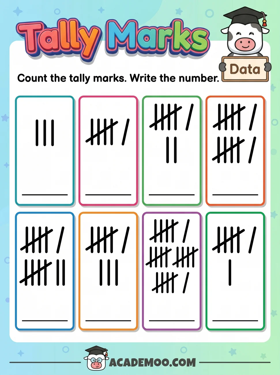 Tally Marks worksheet 1st grade math printable PDF · Printable tally marks worksheet for 1st Grade.