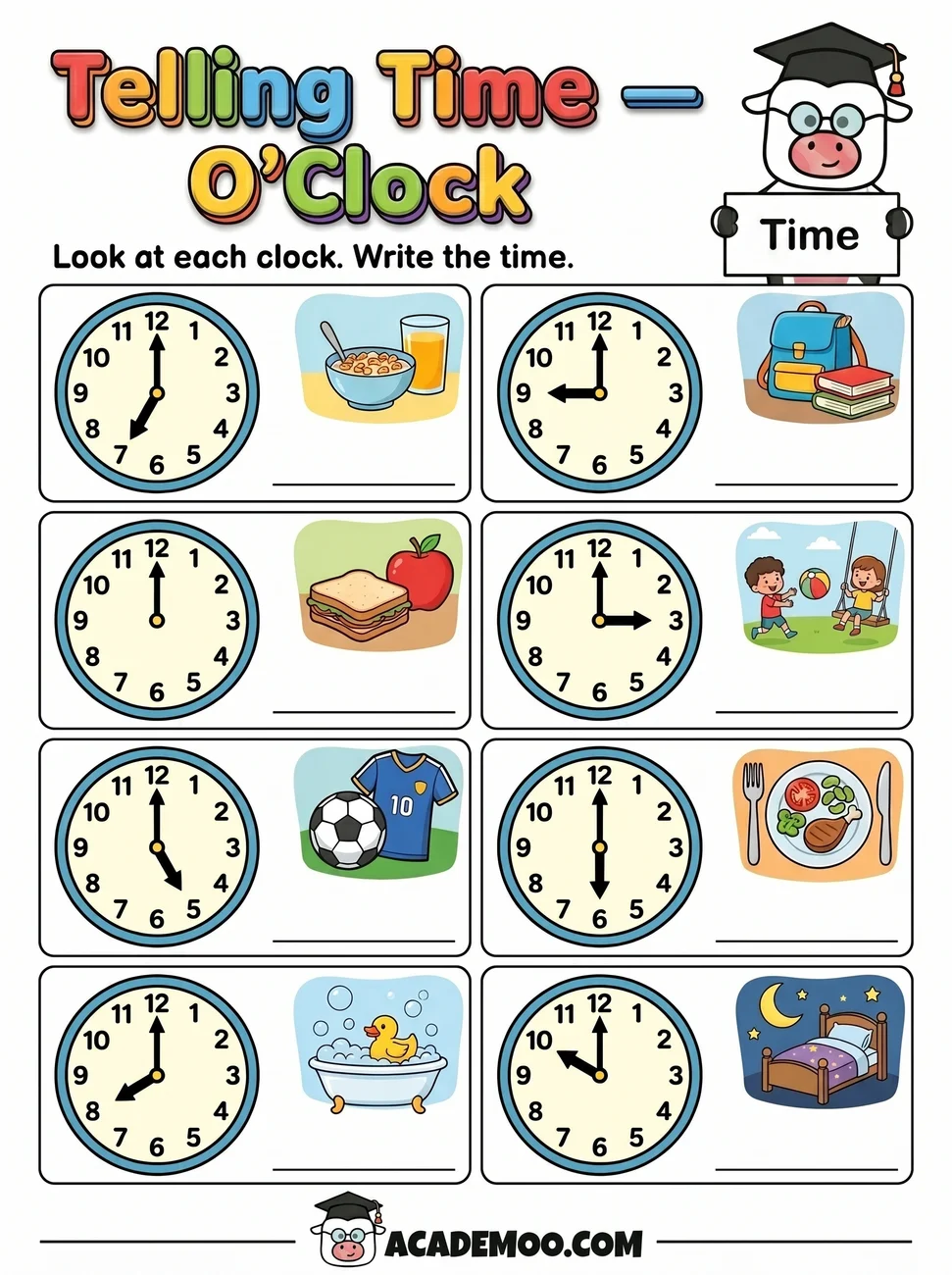 Telling Time O'Clock worksheet 1st grade math printable PDF · Printable telling time o'clock worksheet for 1st Grade.
