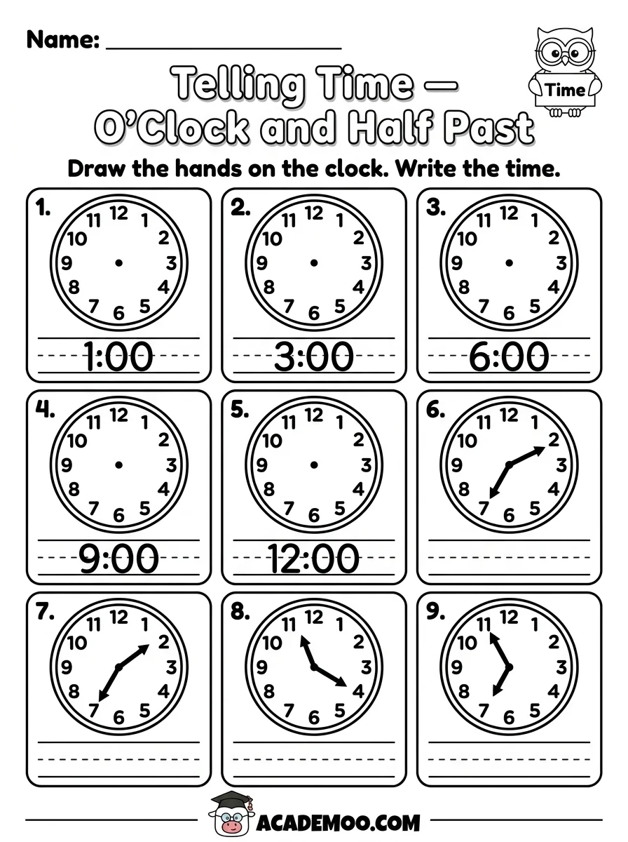 Telling Time O'Clock and Half Past worksheet 1st grade math printable PDF · Printable telling time o'clock and half past worksheet for 1st Grade.