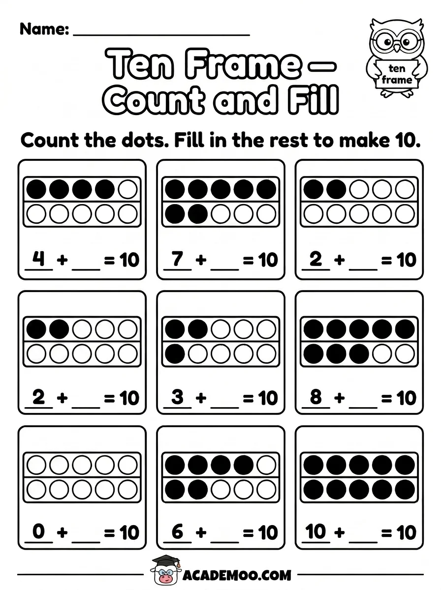 Ten Frame Count and Fill worksheet kindergarten math printable PDF · Printable ten frame count and fill worksheet for Kindergarten.