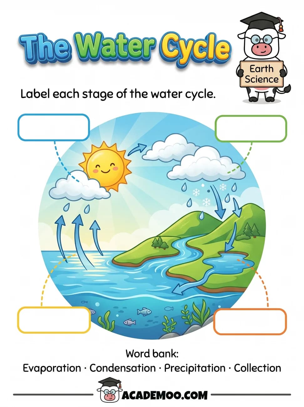 The Water Cycle worksheet 1st grade science printable PDF · Free printable the water cycle worksheet for 1st Grade.