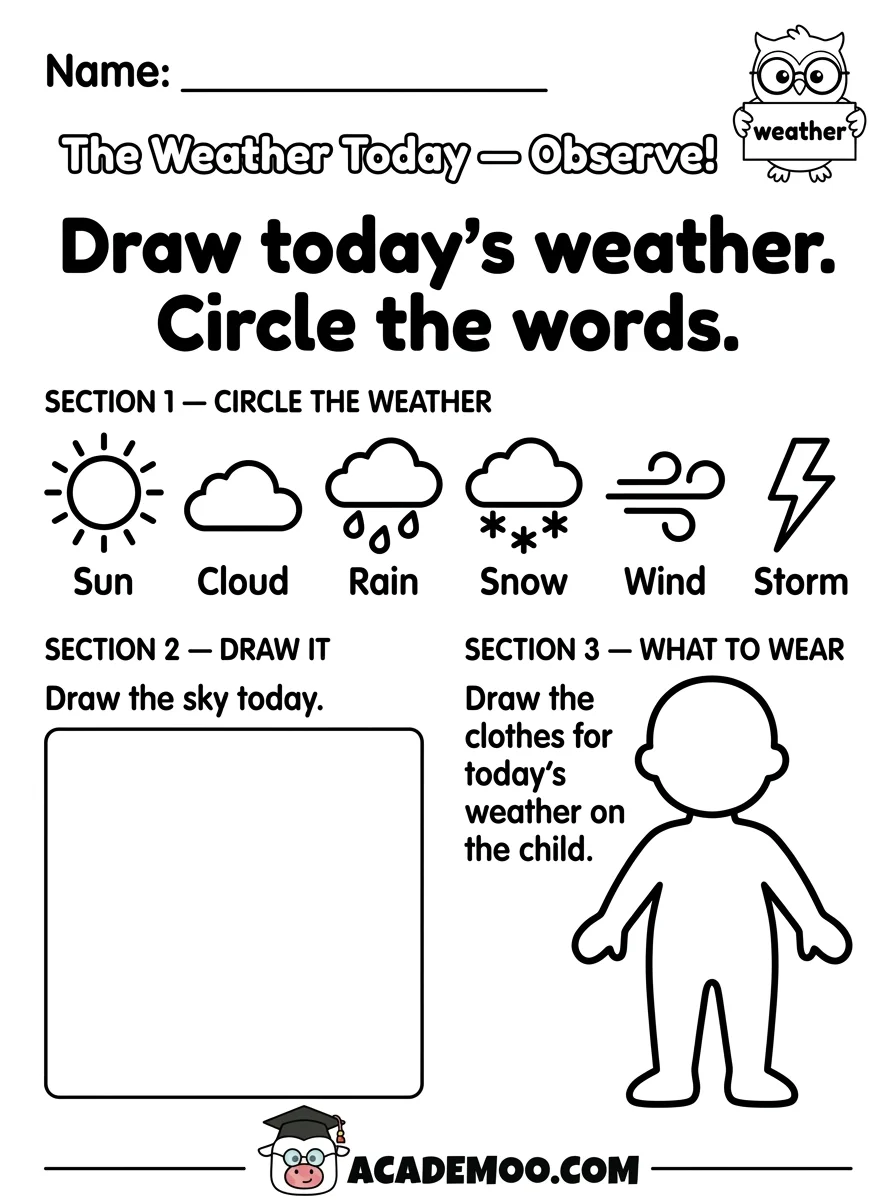 The Weather Today Observe worksheet pre-k science printable PDF · Free printable The Weather Today Observe worksheet for Pre-K.
