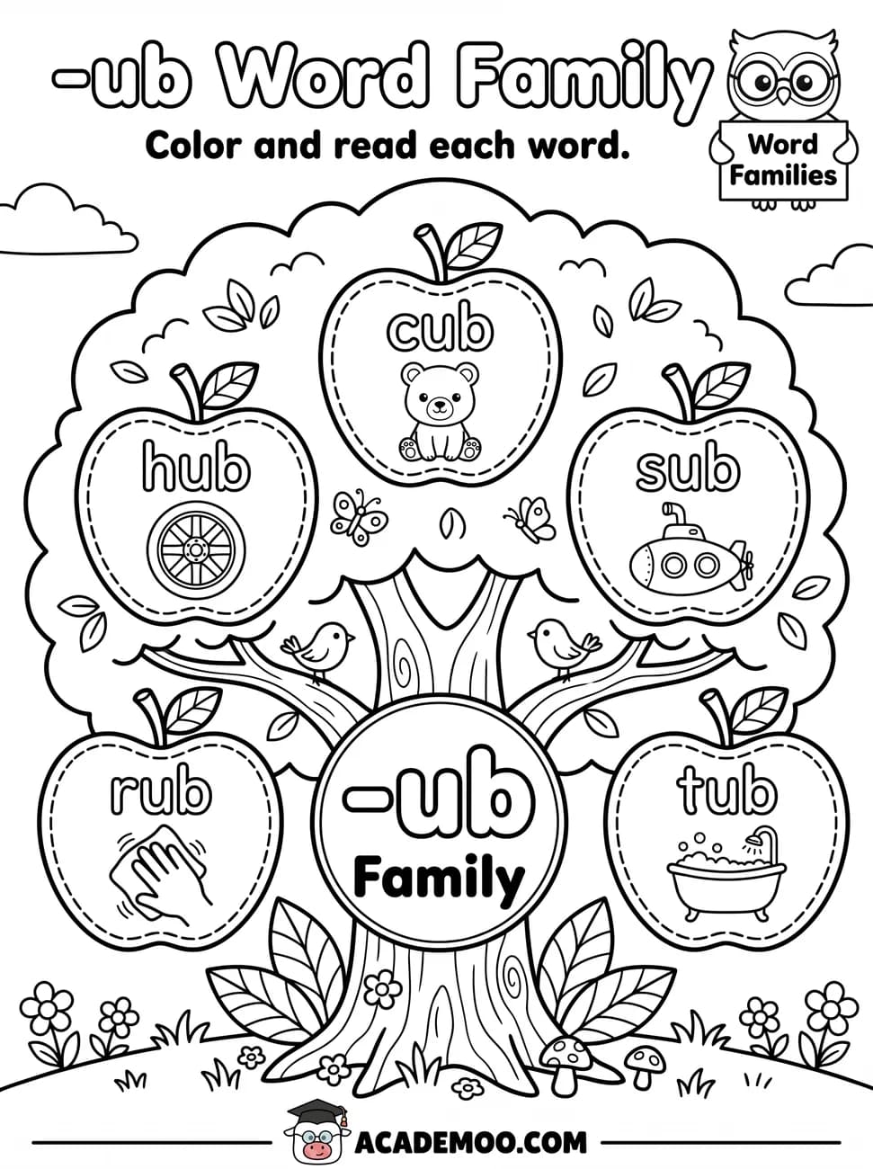 -ub Word Family worksheet kindergarten language arts printable PDF · Color and read each -ub word on the apple tree: cub, hub, sub, rub, tub.