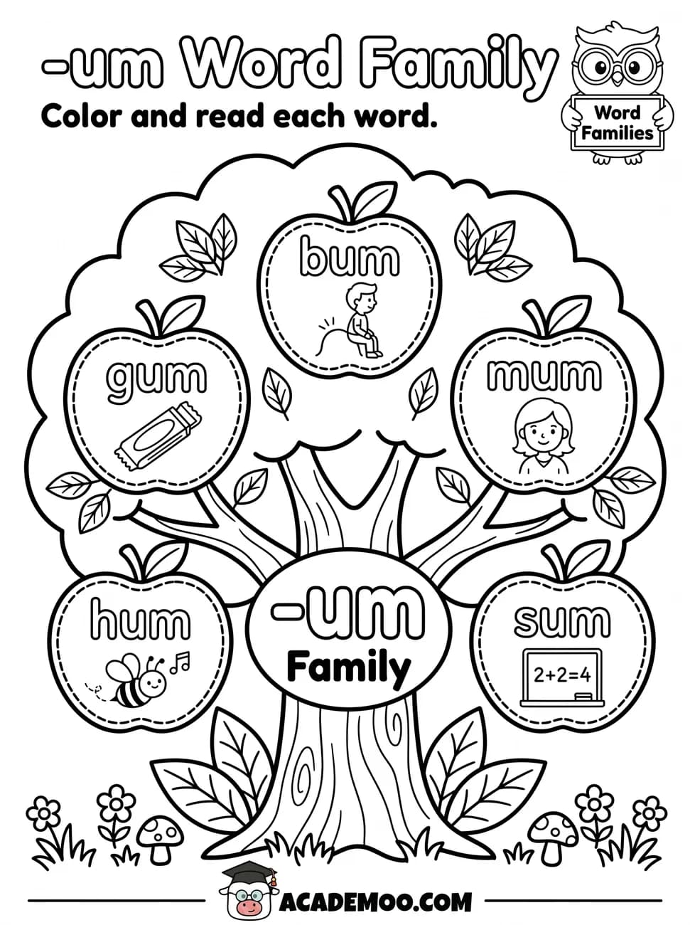 -um Word Family worksheet kindergarten language arts printable PDF · Color and read each -um word on the apple tree: bum, gum, mum, hum, sum.