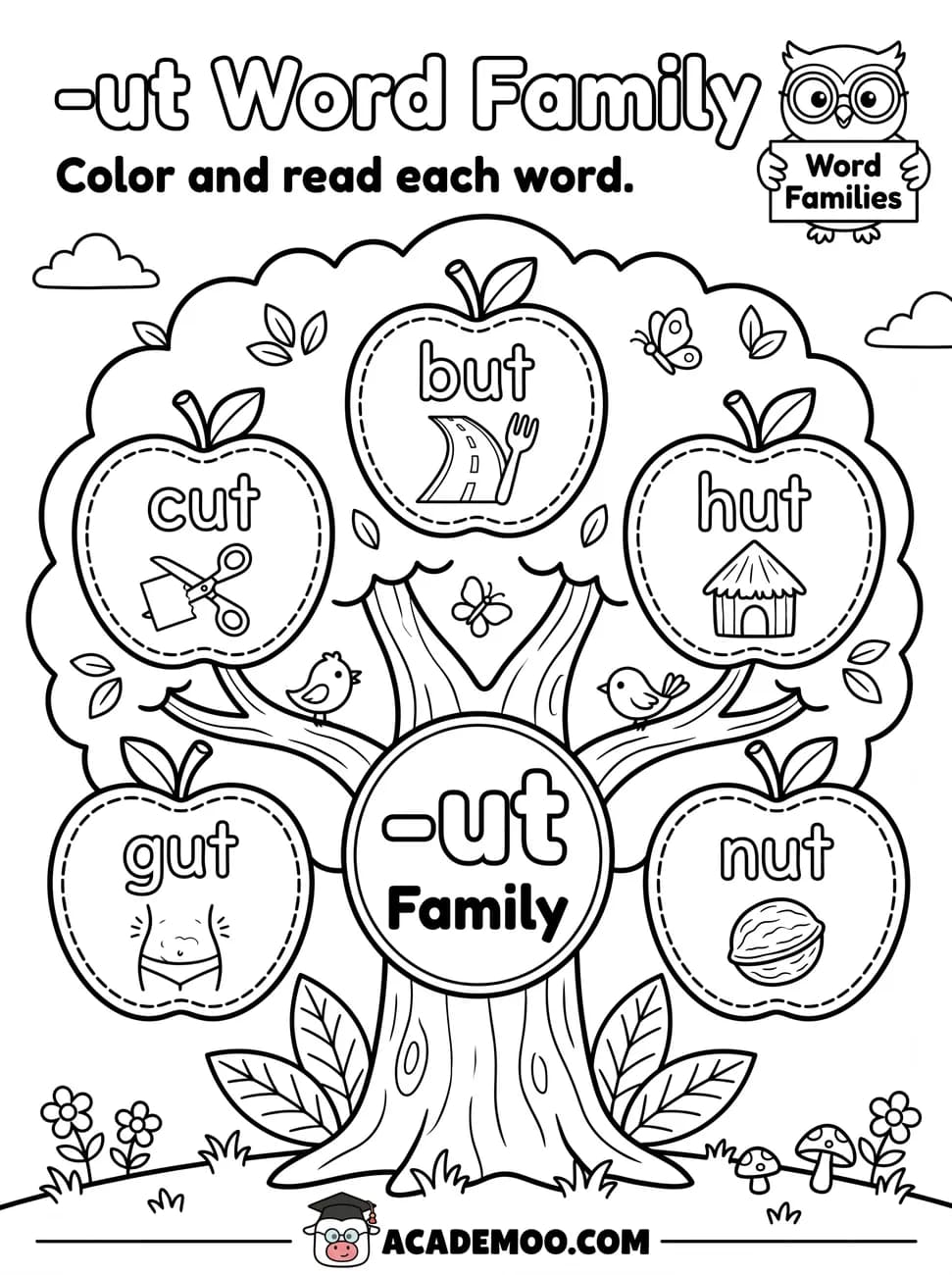 -ut Word Family worksheet kindergarten language arts printable PDF · Color and read each -ut word on the apple tree: but, cut, hut, gut, nut.