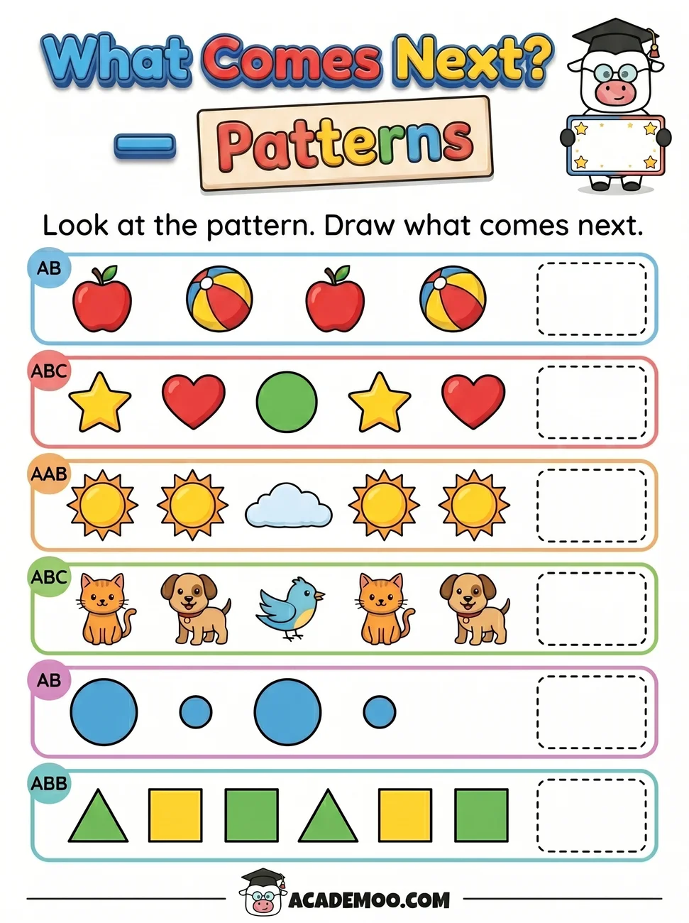 What Comes Next Patterns worksheet pre-k math printable PDF · Printable what comes next patterns worksheet for Pre-K.