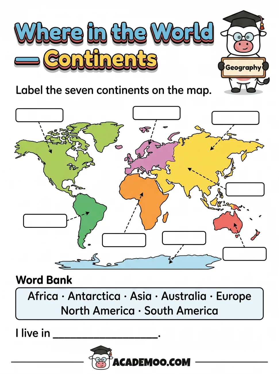 Where in the World Continents worksheet 1st grade science printable PDF · Free printable where in the world continents worksheet for 1st Grade.