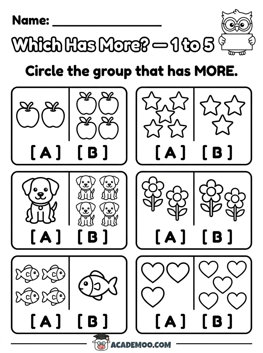 Which Has More 1 to 5 worksheet pre-k math printable PDF · Printable which has more 1 to 5 worksheet for Pre-K.