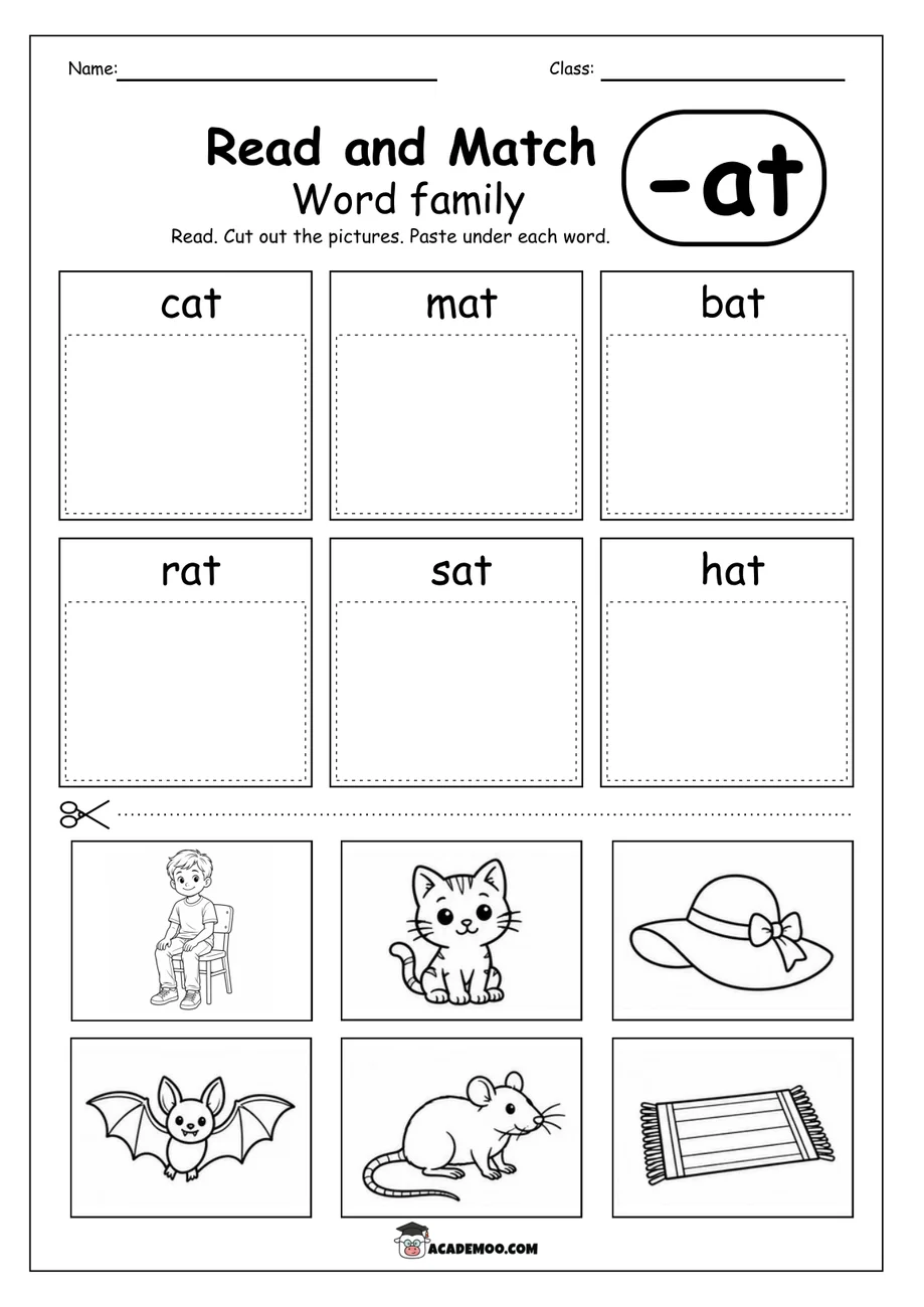 Word Family Worksheets: Read, Match, Cut and Paste worksheet kindergarten language arts printable PDF · Printable word family worksheets with 141 read-and-match activities for kindergarten and first-grade phonics practice.