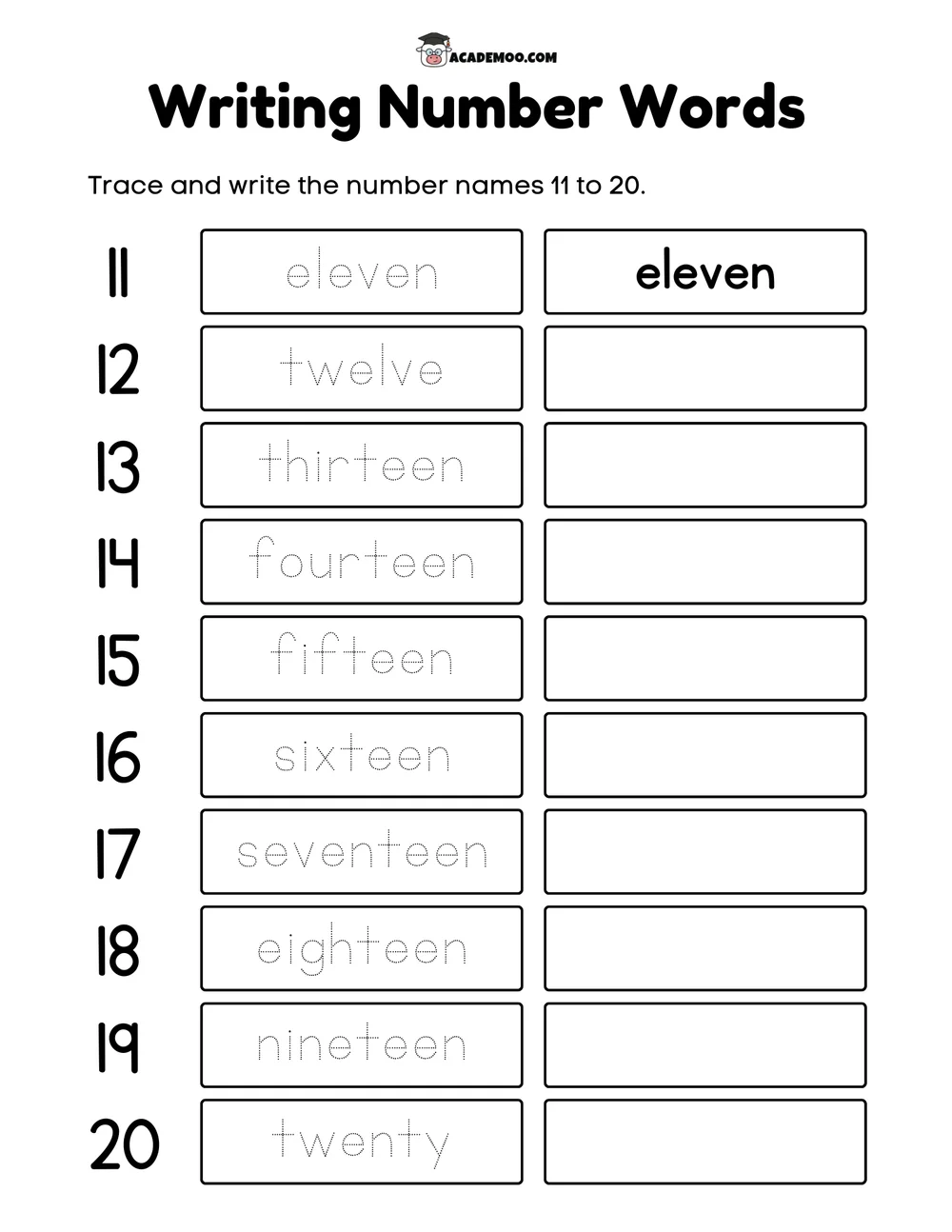 Writing Number Words 11-20 worksheet 1st grade math printable PDF · Printable writing number words 11-20 worksheet for 1st Grade.