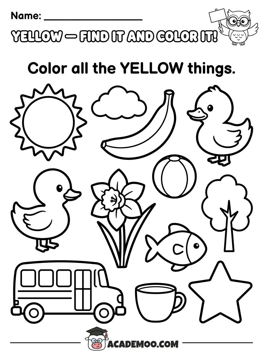 Yellow Find It and Color It worksheet pre-k math printable PDF · Printable yellow find it and color it worksheet for Pre-K.