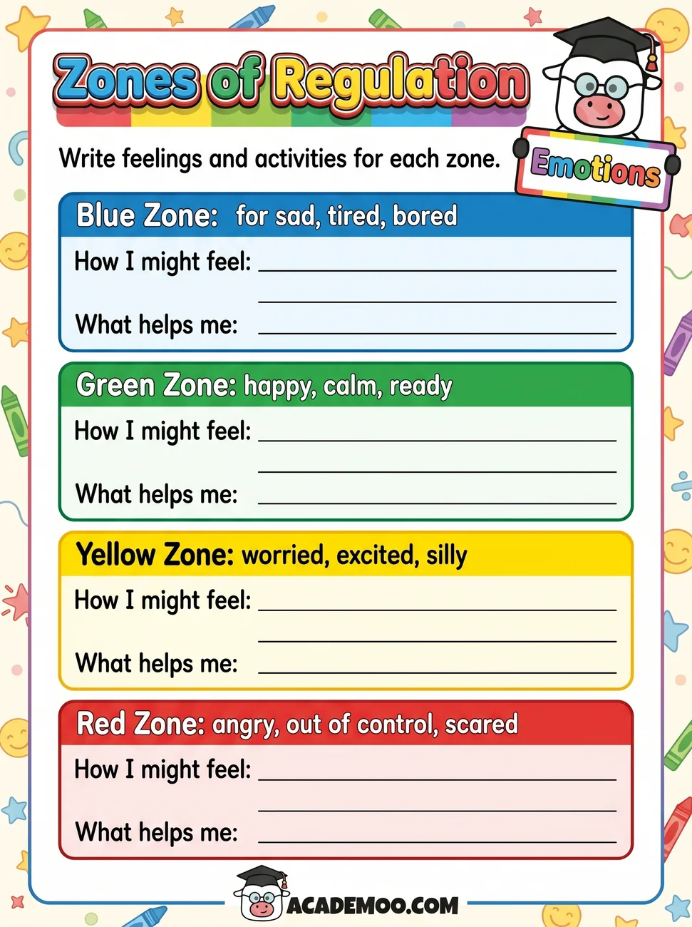 Zones of Regulation worksheet kindergarten language arts printable PDF · Printable zones of regulation worksheet for Kindergarten.