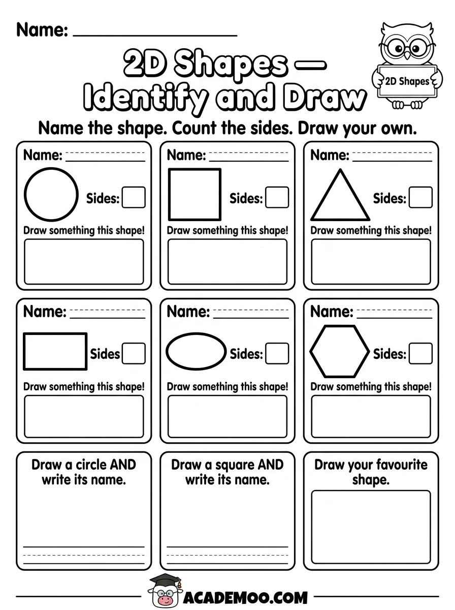 2D Shapes Identify and Draw worksheet — kindergarten math printable PDF · Free printable 2d shapes identify and draw worksheet for Kindergarten.