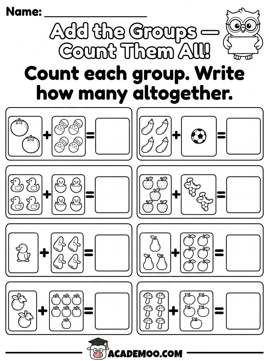 Add the Groups Count Them All worksheet — kindergarten math printable PDF · Printable add the groups count them all worksheet for Kindergarten.