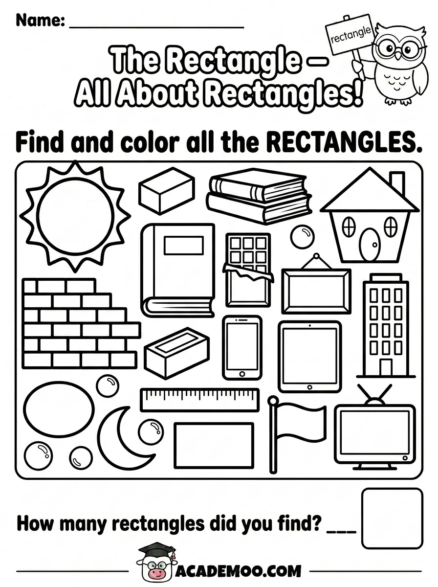 All About Rectangles worksheet — kindergarten math printable PDF · Printable all about rectangles worksheet for Kindergarten.