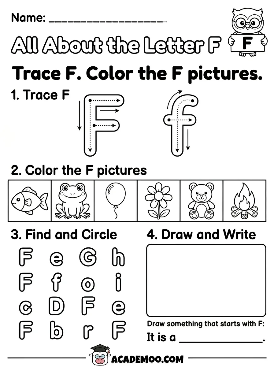 All About the Letter F worksheet — kindergarten language arts printable PDF · Free printable All About the Letter F worksheet for Kindergarten.