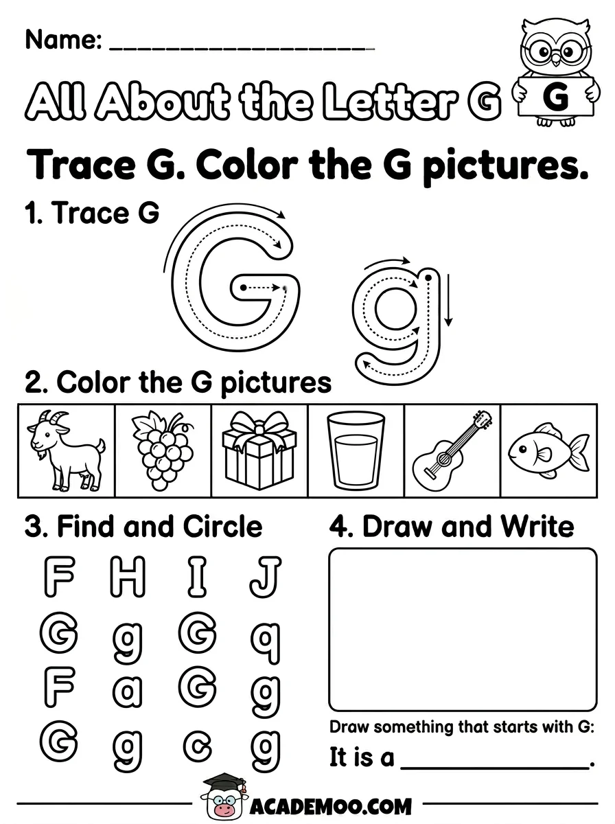 All About the Letter G worksheet — kindergarten language arts printable PDF · Free printable All About the Letter G worksheet for Kindergarten.