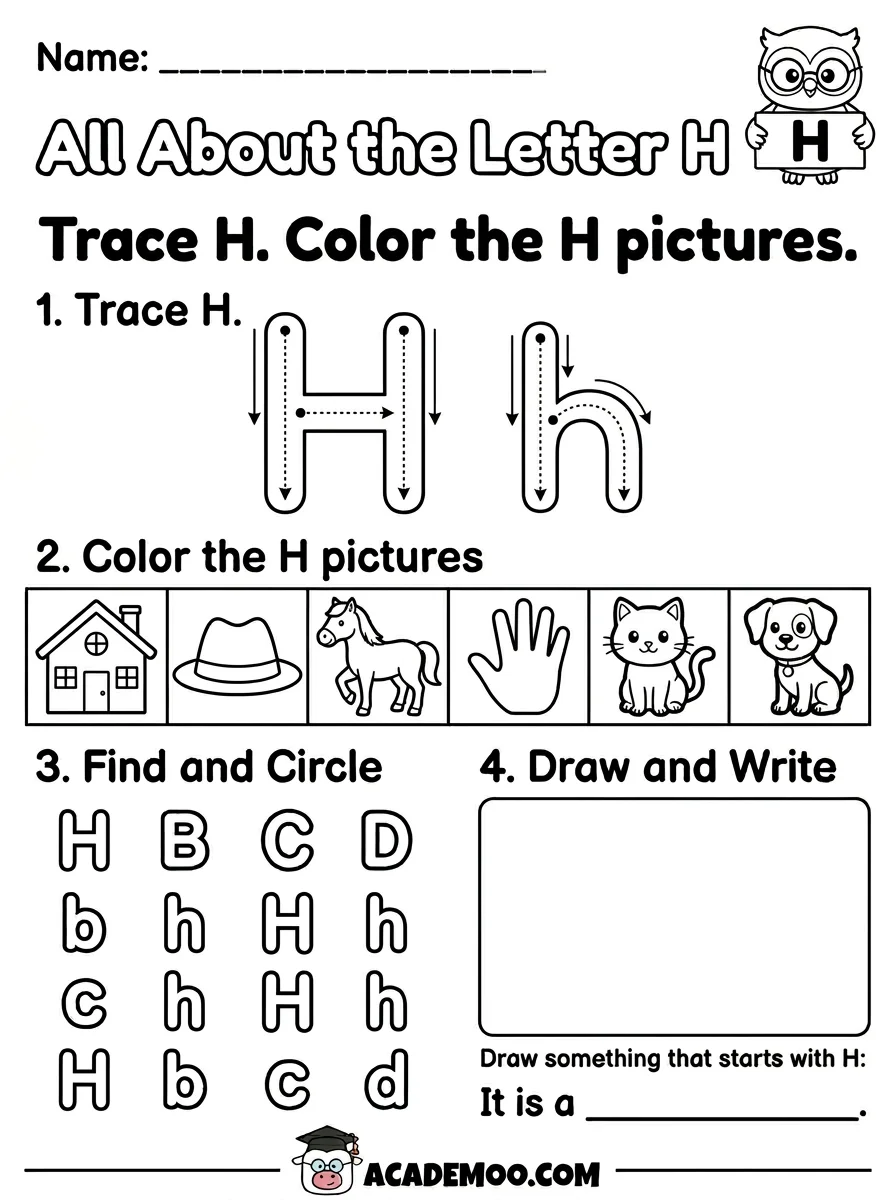 All About the Letter H worksheet — kindergarten language arts printable PDF · Free printable All About the Letter H worksheet for Kindergarten.