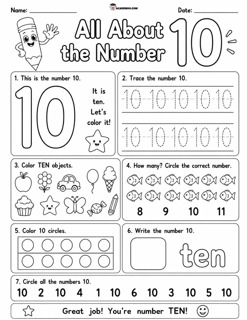 All About the Number 10 worksheet — pre-k math printable PDF · Printable all about the number 10 worksheet for Pre-K.