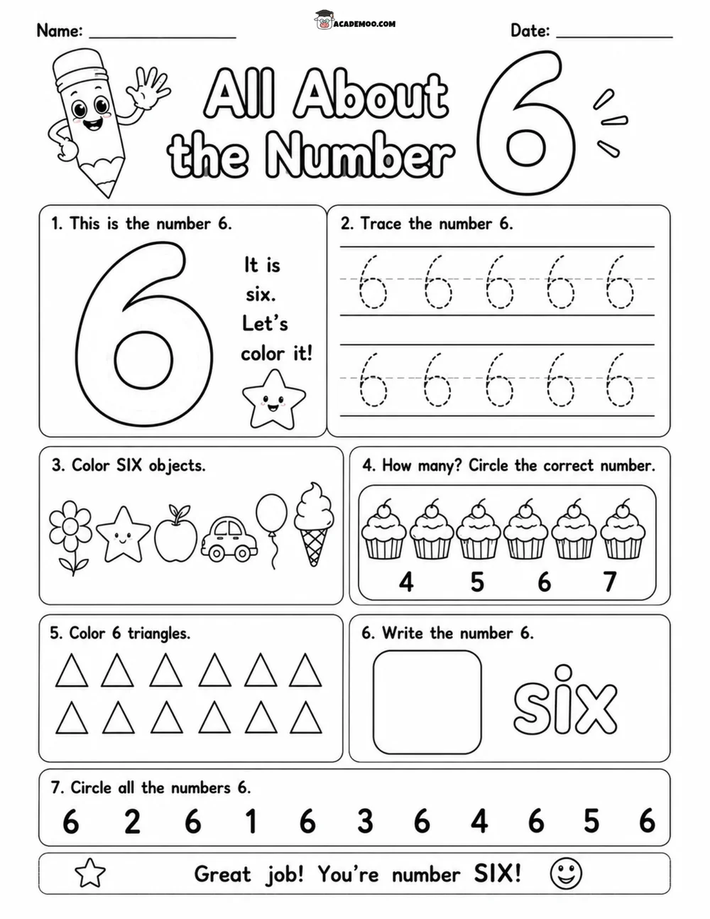 All About the Number 6 worksheet — pre-k math printable PDF · Printable all about the number 6 worksheet for Pre-K.