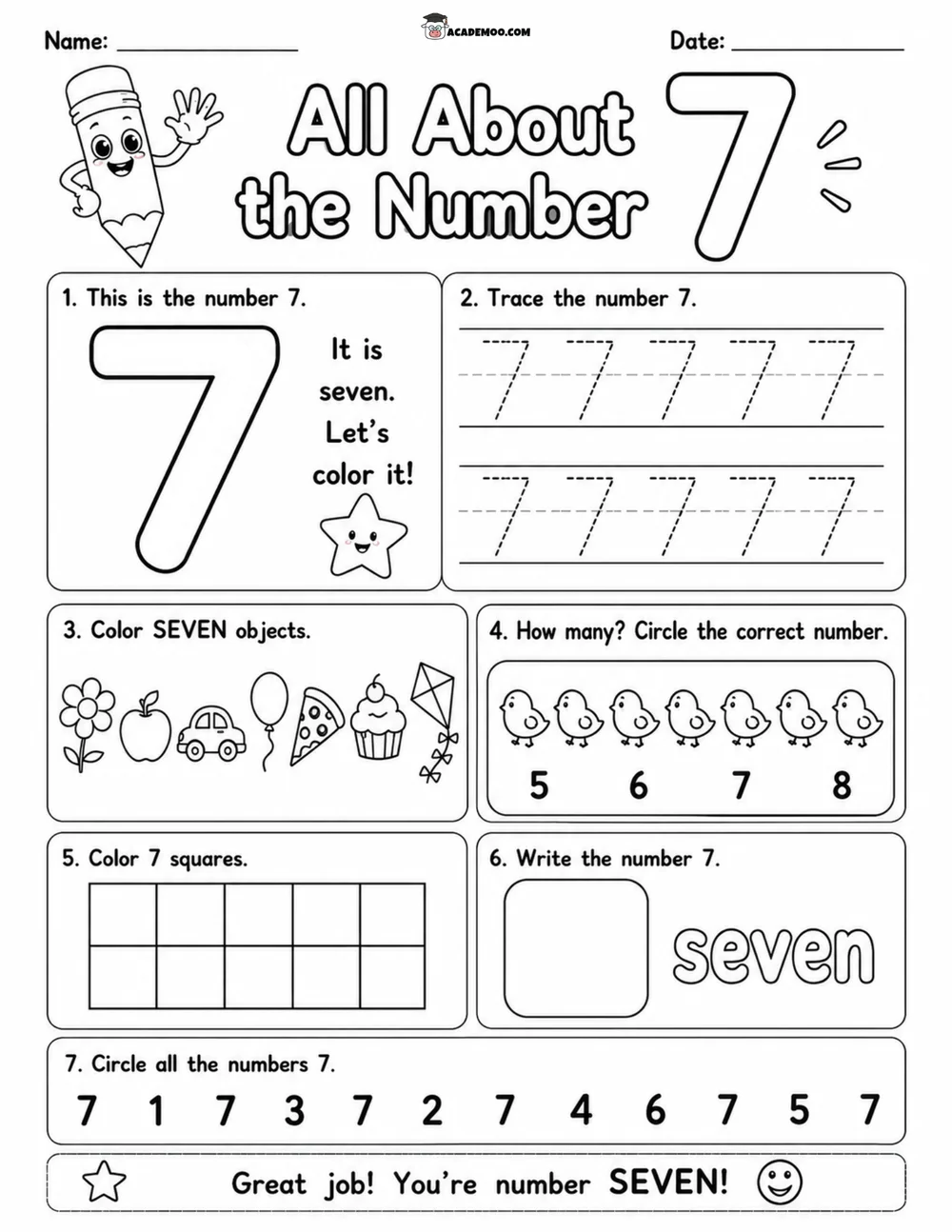 All About the Number 7 worksheet — pre-k math printable PDF · Printable all about the number 7 worksheet for Pre-K.
