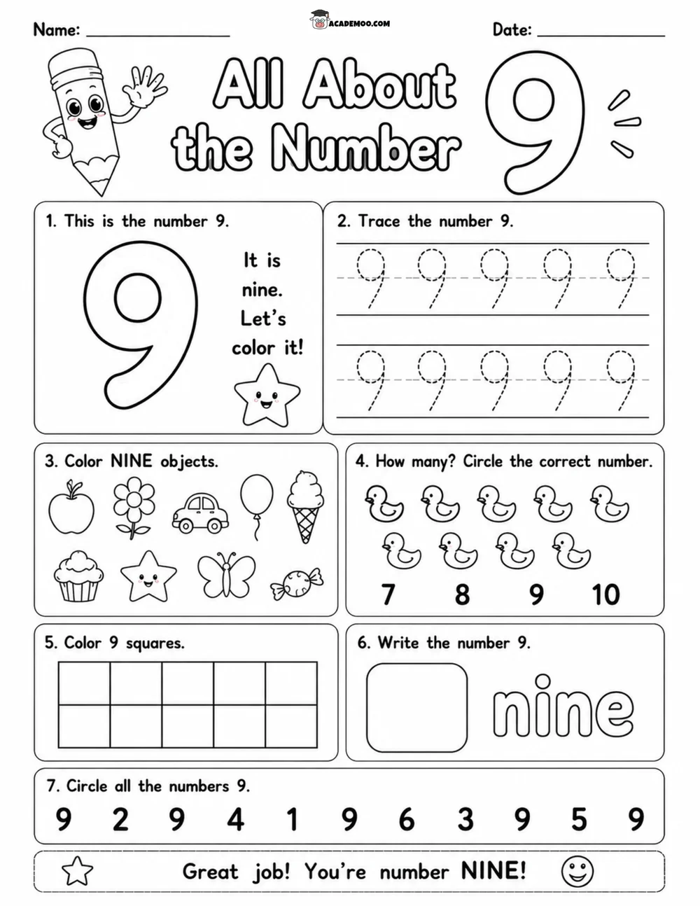 All About the Number 9 worksheet — pre-k math printable PDF · Printable all about the number 9 worksheet for Pre-K.