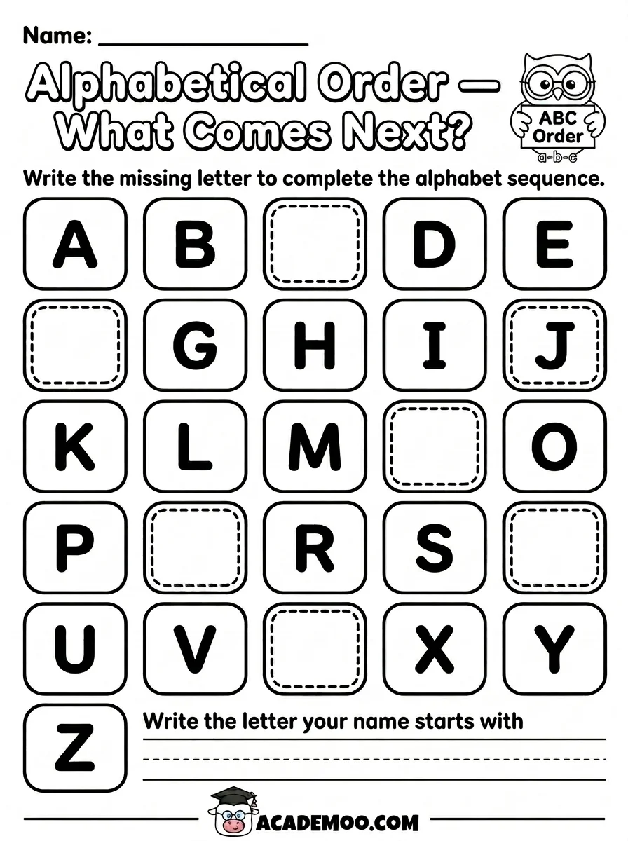 Alphabetical Order What Comes Next worksheet — kindergarten language arts printable PDF · Printable alphabetical order what comes next worksheet for Kindergarten.