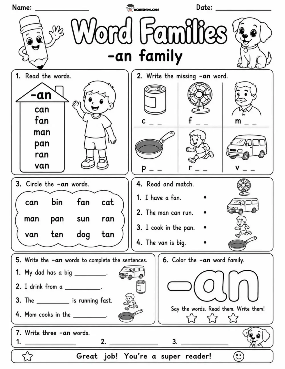 AN Word Family Practice worksheet — kindergarten language arts printable PDF · Printable an word family practice worksheet for Kindergarten.
