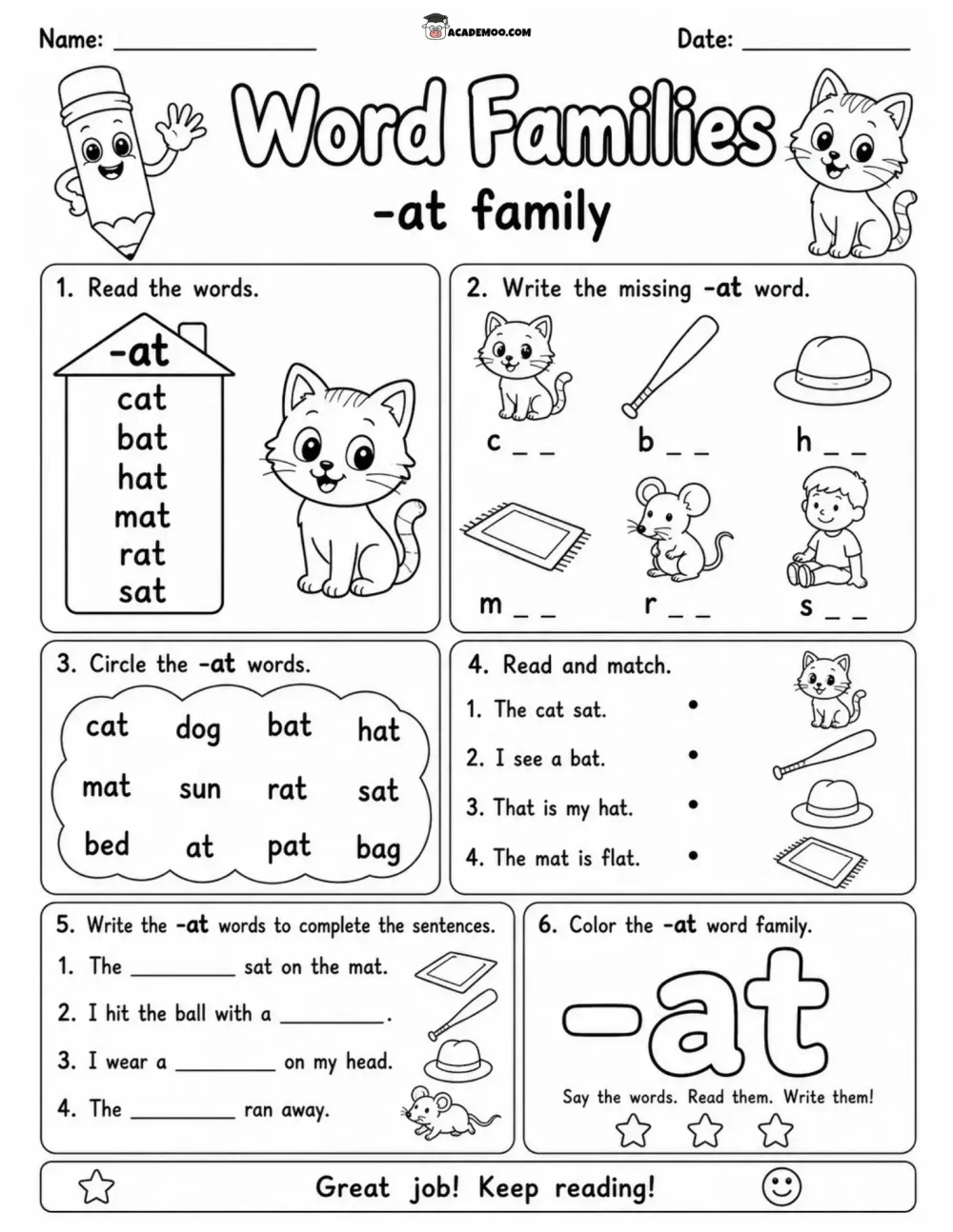 AT Word Family Practice worksheet — kindergarten language arts printable PDF · Printable at word family practice worksheet for Kindergarten.