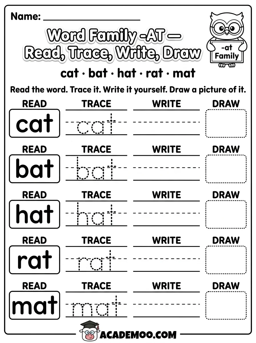 AT Word Family Read Trace Write worksheet — kindergarten language arts printable PDF · Printable at word family read trace write worksheet for Kindergarten.