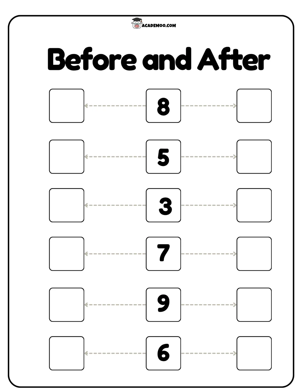 Before and After Numbers to 10 worksheet — pre-k math printable PDF · Printable before and after numbers to 10 worksheet for Pre-K.