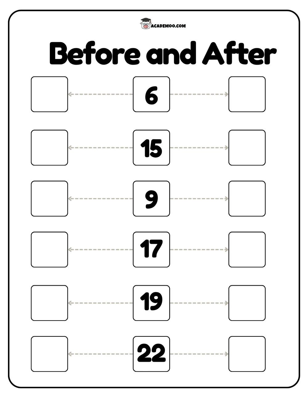 Before and After Numbers to 22 worksheet — kindergarten math printable PDF · Printable before and after numbers to 22 worksheet for Kindergarten.