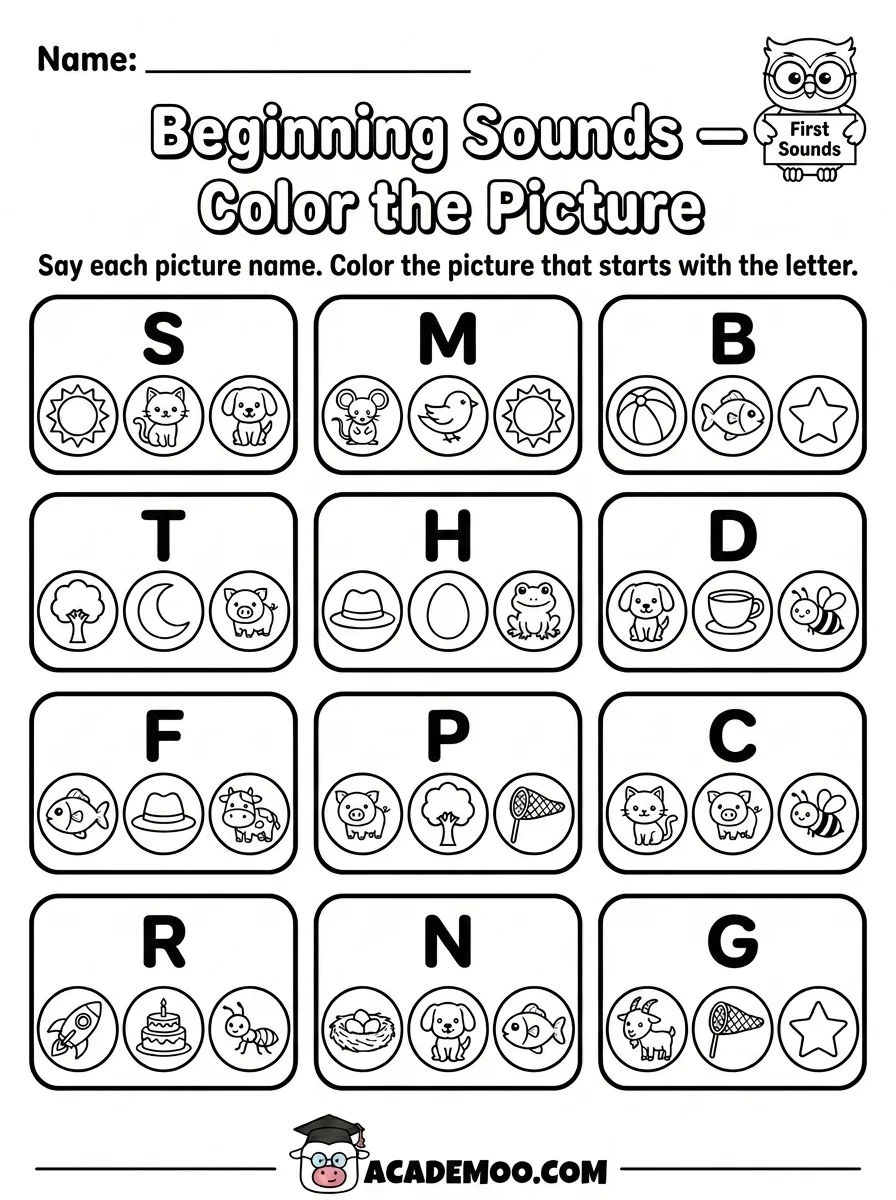 Beginning Sounds Color the Picture worksheet — kindergarten language arts printable PDF · Printable beginning sounds color the picture worksheet for Kindergarten.