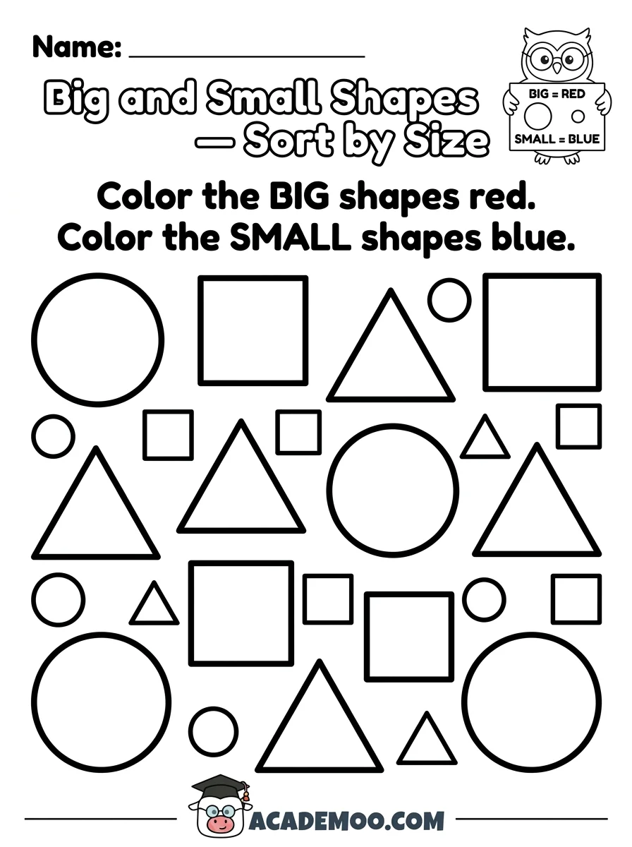 Big and Small Shapes Sort by Size worksheet — pre-k math printable PDF · Printable big and small shapes sort by size worksheet for Pre-K.