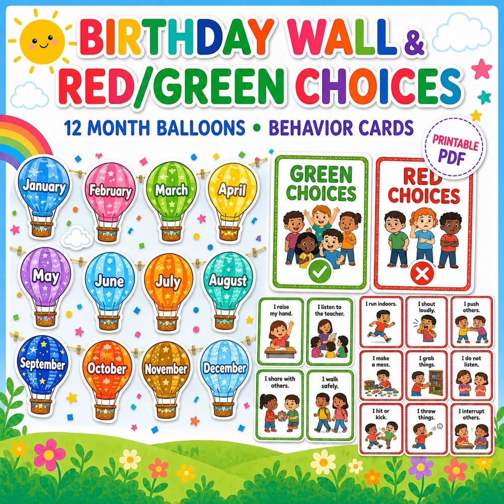 Birthday Wall and Classroom Choices Printable Set classroom printable — kindergarten language arts printable PDF · Printable birthday wall and classroom choices set for Kindergarten.