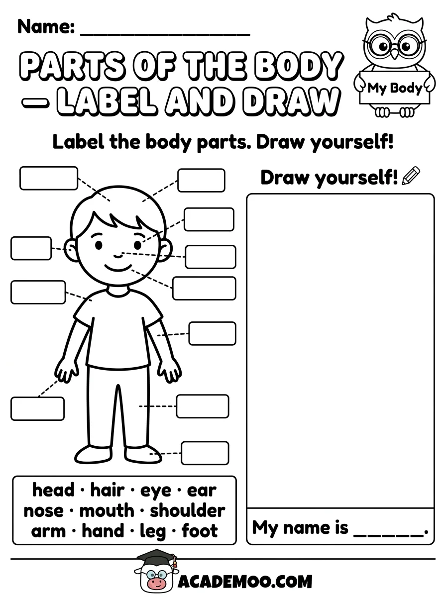 Body Parts Label and Draw worksheet — kindergarten science printable PDF · Printable body parts label and draw worksheet for Kindergarten.