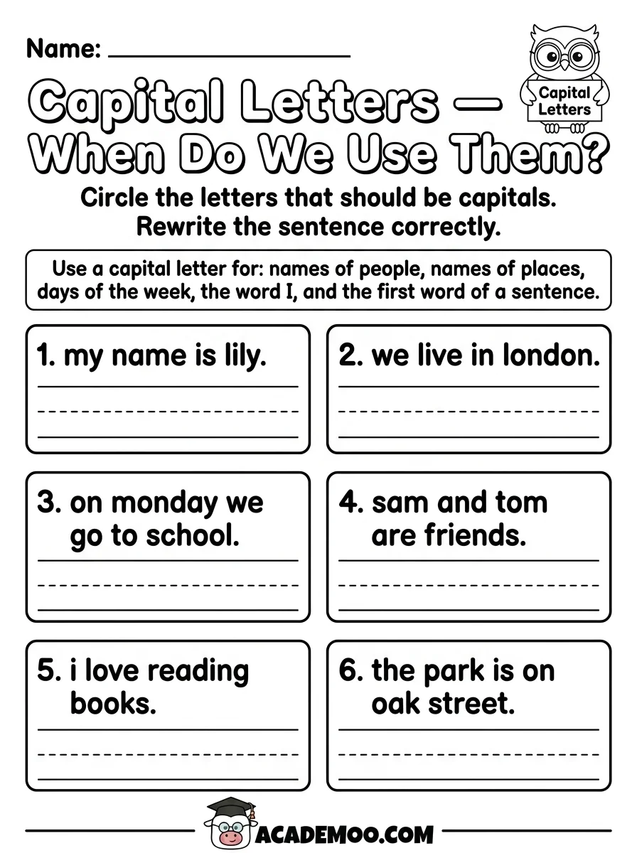Capital Letters worksheet — kindergarten language arts printable PDF · Printable capital letters worksheet for Kindergarten.
