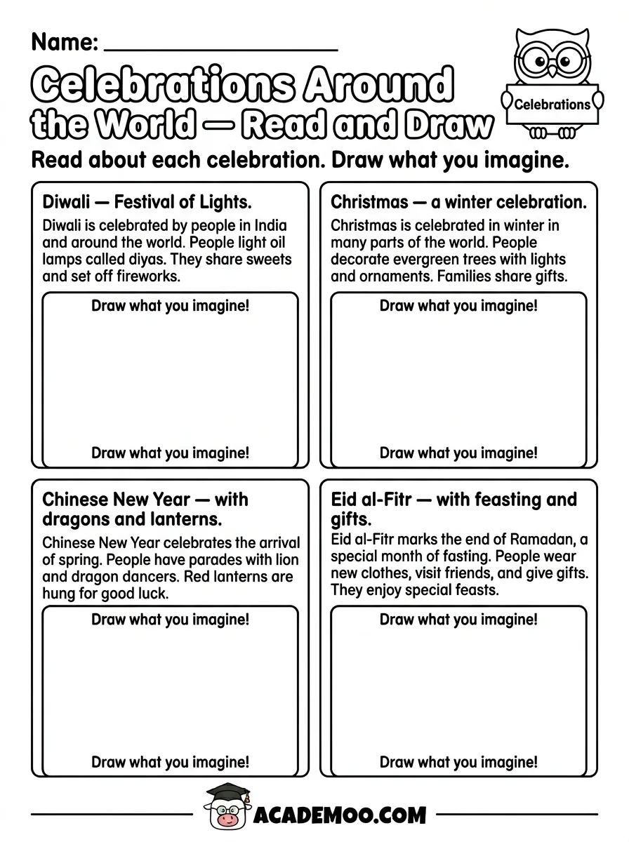 Celebrations Around the World worksheet — kindergarten language arts printable PDF · Printable celebrations around the world worksheet for Kindergarten.